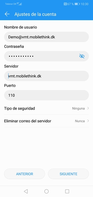 Introduzca Nombre de usuario y la dirección de servidor entrante. Seleccione SIGUIENTE