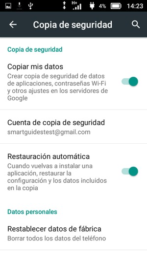 Active Copiar mis datos y seleccione Cuenta de copia  de seguridad
