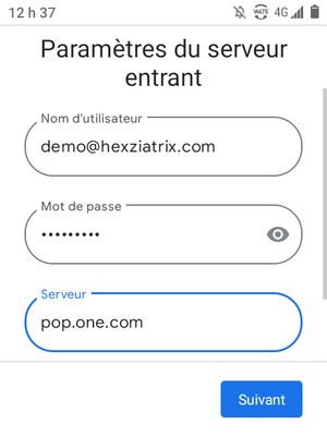 Saisissez votre Nom d'utilisateur et l'adresse du serveur entrant. Sélectionnez Suivant