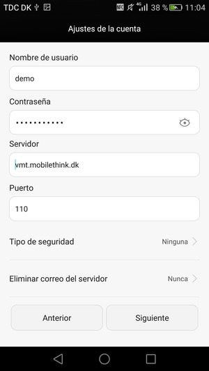 Introduzca Nombre de usuario y la dirección de servidor entrante. Seleccione Siguiente