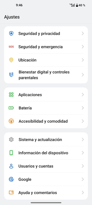 Desplácese y seleccione Seguridad y privacidad