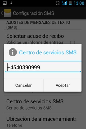 Introduzca el número de Centro de servicios SMS y seleccione Aceptar
