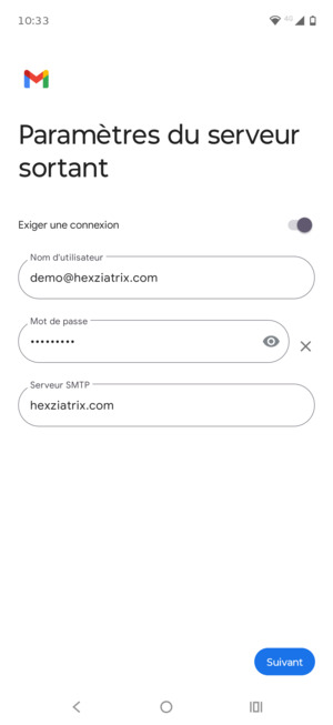 Entrez l'adresse du serveur Sortant et sélectionnez Suivant
