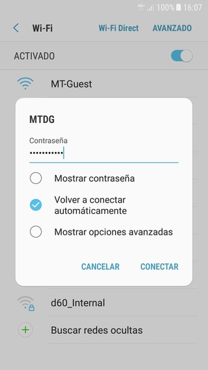 Introduzca la contraseña de Wi-Fi y seleccione CONECTAR