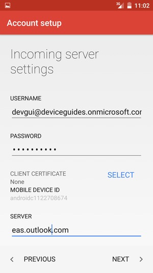 Enter Username and Exchange server address. Select NEXT