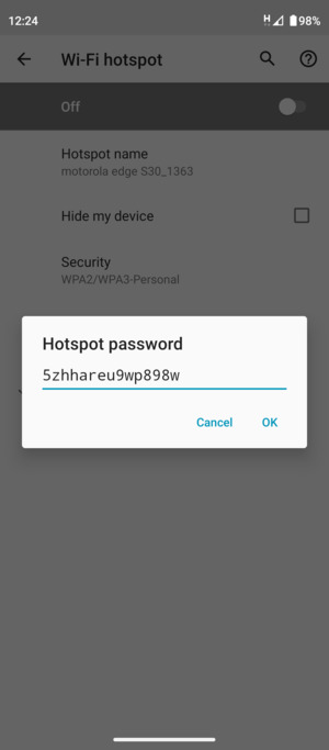 Enter a Wi-Fi hotspot password of at least 8 characters and select OK