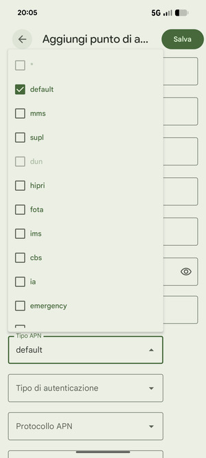 Assicurati che default sia selezionato