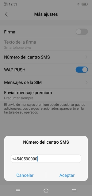 Introduzca el número de Número del centro SMS y seleccione Aceptar