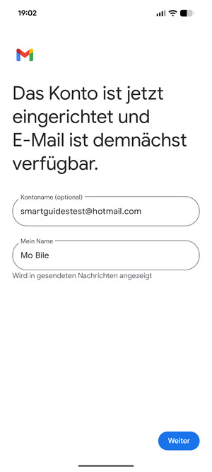 Geben Sie Ihrem Konto einen Namen und geben Sie Ihren Namen ein. Wählen Sie Weiter