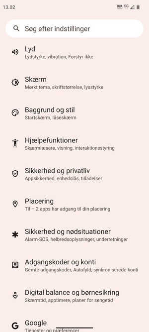 Scroll til og vælg Sikkerhed og privatliv