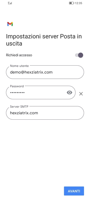 Inserisci l'indirizzo del server di posta in uscita e seleziona AVANTI