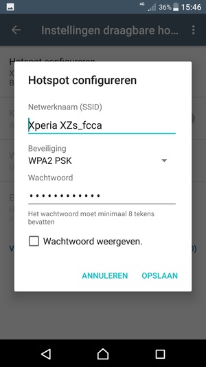 Voer een wachtwoord van een WiFi-hotspot in van ten minste 8 tekens en selecteer OPSLAAN