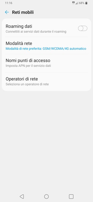 Per modificare la rete, in presenza di problemi, seleziona Opratori di rete