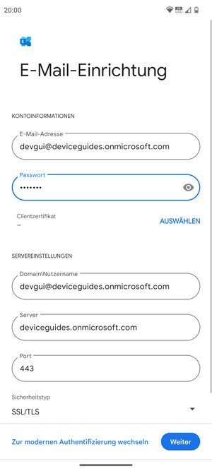 Geben Sie Benutzername und Exchange Server-Adresse ein. Wählen Sie Weiter