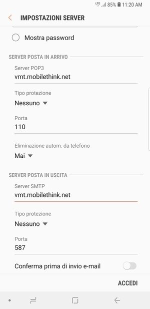 Disattiva Conferma prima di invio e-mail  e seleziona ACCEDI
