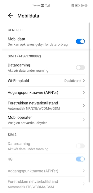 Scroll til SIM 1 eller SIM 2 og vælg Adgangspunktnavne (APN'er)