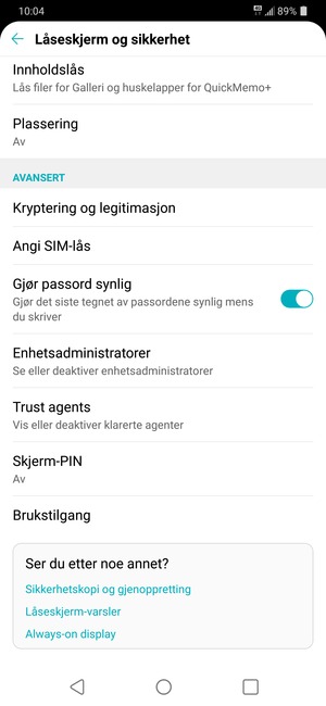 For å bytte PIN-koden til SIM-kortet, gå til Låseskjerm og sikkerhet-menyen og velg Angi SIM-lås