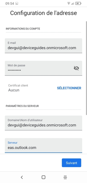 Saisissez votre Nom d'utilisateur et l'adresse du serveur Exchange. Sélectionnez Suivant