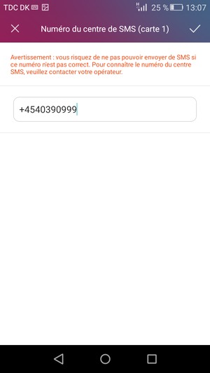 Saisissez le Numéro du centre de SMS et sélectionnez OK