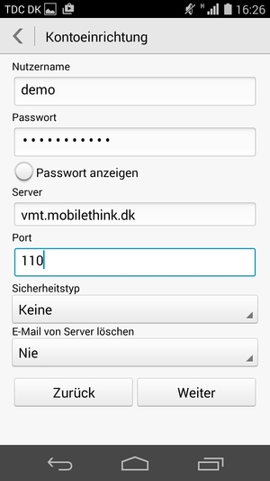 Geben Sie Nutzername und die Server-Adresse für eingehende Post ein. Wählen Sie Weiter