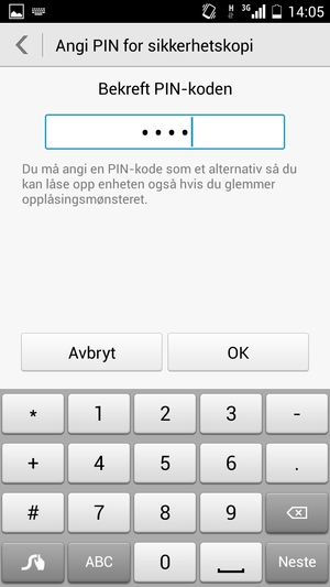 Bekreft PIN for sikkerhetskopi og velg OK