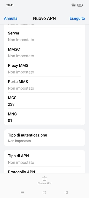 Scorri verso il basso e inserisci le informazioni di internet