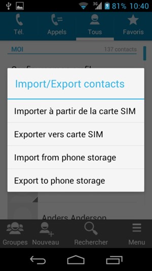Sélectionnez Importer à partir de la carte SIM