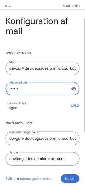 Indtast Brugernavn og Exchange serveradresse. Vælg Næste