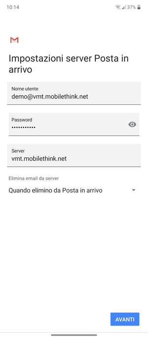 Inserisci Nome utente e l'indirizzo del server di posta in arrivo. Seleziona AVANTI