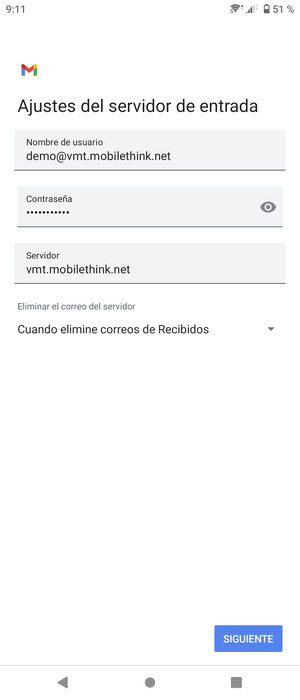 Introduzca Nombre de usuario y la dirección de servidor entrante. Seleccione SIGUIENTE