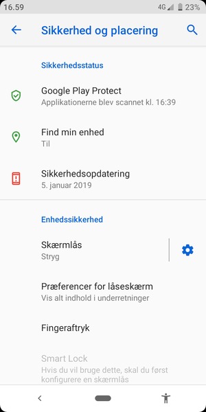 For at aktivere din skærmlås, gå til menuen Sikkerhed og placering og vælg Skærmlås