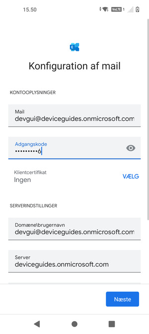 Indtast Brugernavn og Exchange serveradresse. Vælg Næste