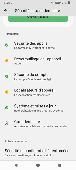 Pour modifier le code PIN de la carte SIM, allez dans le menu Sécurité et confidentialité et faites défiler et sélectionnez Sécurité et confidentialité renforcées