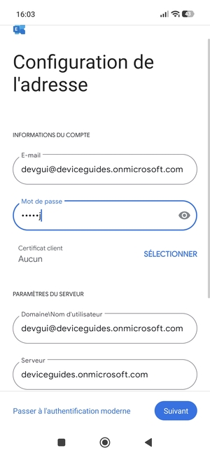 Saisissez votre Nom d'utilisateur et l'adresse du serveur Exchange. Sélectionnez Suivant