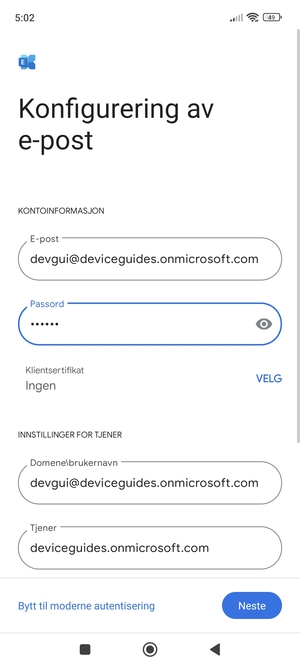 Skriv inn Brukernavn og Exchange serveradresse. Velg Neste