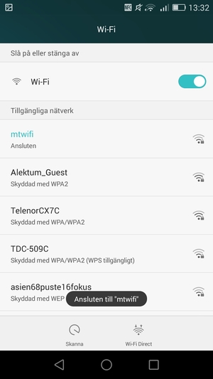 Du är nu ansluten till Wi-Fi nätverket