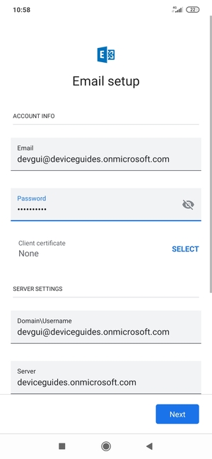 Enter Username and Exchange server address. Select Next