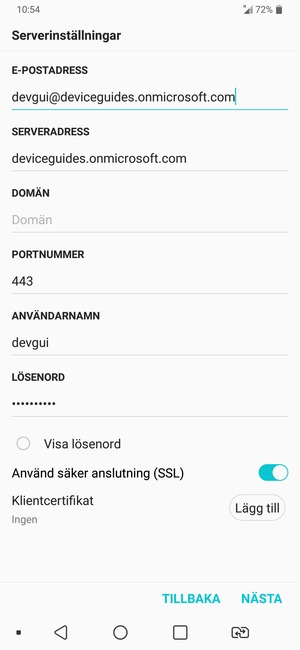 Ange Exchange-serveradress och ANVÄNDARNAMN. Välj NÄSTA