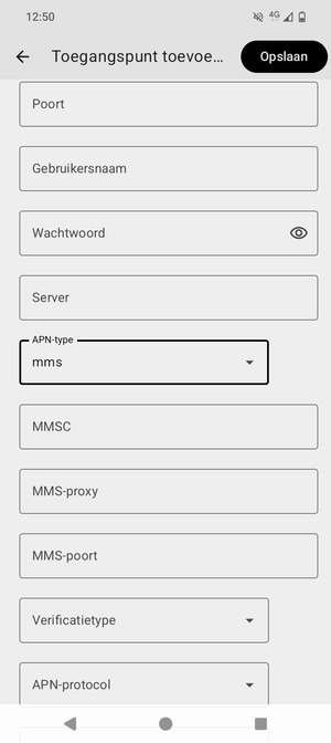 Scroll naar beneden en voer mms-gegevens in