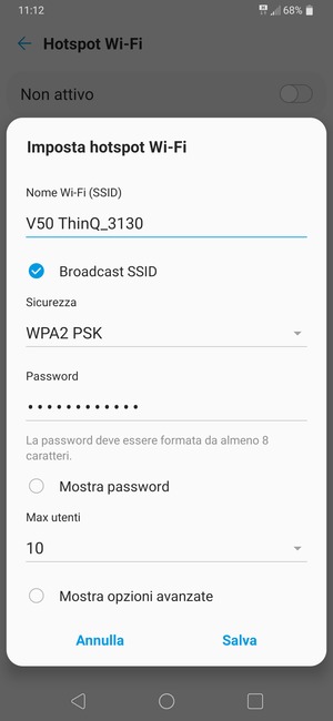 Inserisci una password dell'hotspot Wi-Fi di almeno 8 caratteri e seleziona Salva