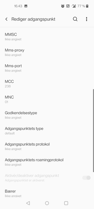 Scroll ned og indtast internet-oplysninger