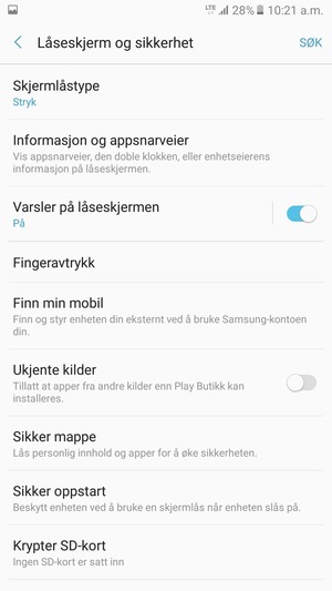 For å aktivere skjermlåsen, gå til Låseskjerm og sikkerhet-menyen og velg Skjermlåstype