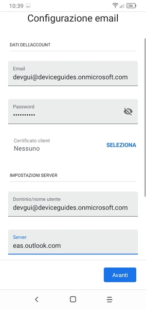 Inserisci Nome utente e l'indirizzo del server Exchange. Seleziona Avanti