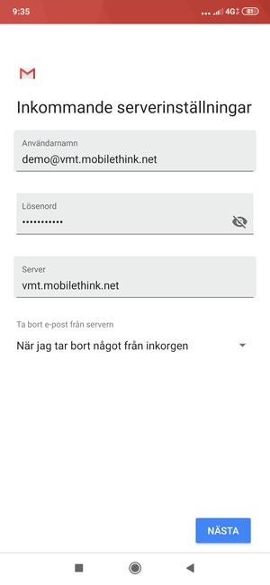 Ange Användarnamn och inkommande serveradress. Välj NÄSTA