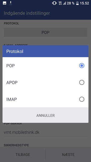Vælg POP eller IMAP