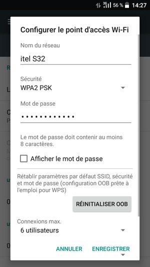 Saisissez un mot de passe de hotspot Wi-Fi d'au moins 8 caractères et sélectionnez ENREGISTRER