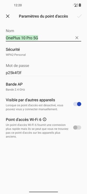 Saisissez un mot de passe de hotspot Wi-Fi d'au moins 8 caractères et sélectionnez OK