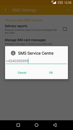 Enter the SMS Service Centre number and select OK