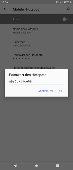 Geben Sie eine WLAN-Hotspot-Passwort mit mindestens 8 Zeichen ein und wählen Sie OK