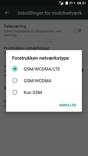 Vælg Kun GSM for at aktivere 2G